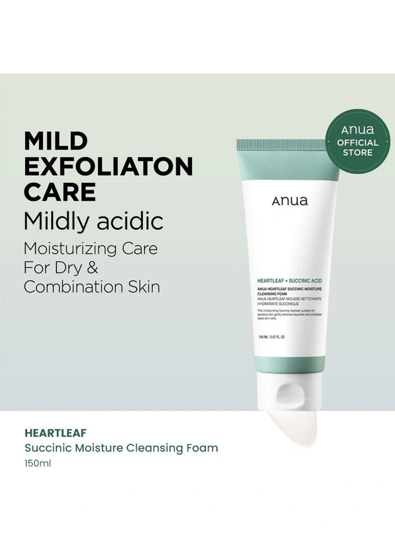 Anua Heartleaf cleansing foam packaging with text on a light green background
