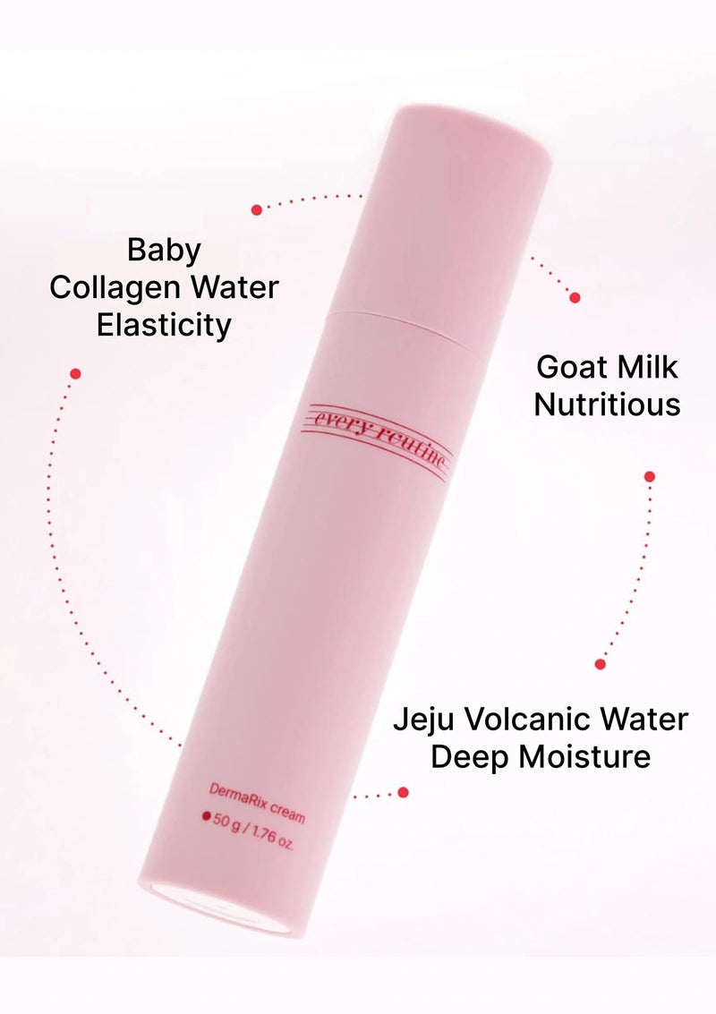 Pink skincare cream bottle with text highlighting ingredients on a white background