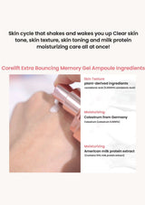 Product packaging with text about Corelift Extra Bouncing Memory Gel Ampoule ingredients and benefits.
