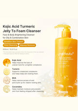 A bottle of Medlcube Kojic Acid Turmeric Jelly To Foam Cleanser shown on a light cream background with text callouts and ingredient icons. The bottle is bright yellow-orange with a matching yellow pump dispenser.
