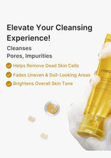 A golden skincare cleansing bottle with white foam, shown on a light gray background with promotional text listing benefits such as cleansing pores and impurities.