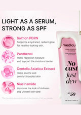 Medicu No Cast Just Dew SPF 50 sunscreen serum bottle on the right, next to a pink marketing text panel on the left explaining key ingredients: Salmon PDRN, Panthenol, Centella Asiatica Extract, and Niacinamide.