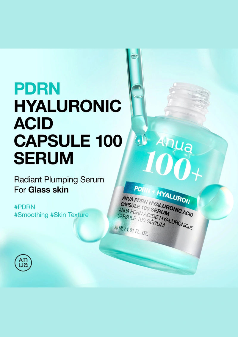 Anua 100+ Hyaluronic Acid Serum bottle on a light blue background with text.