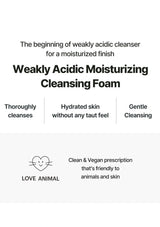 Advertisement for weakly acidic moisturizing cleansing foam with text and a logo on a white background.