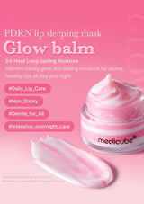 Medicube PDRN lip sleeping mask on a pink background with product details.