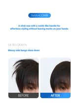Before and after comparison of hair styling with wax and comb, showing messy side bangs.