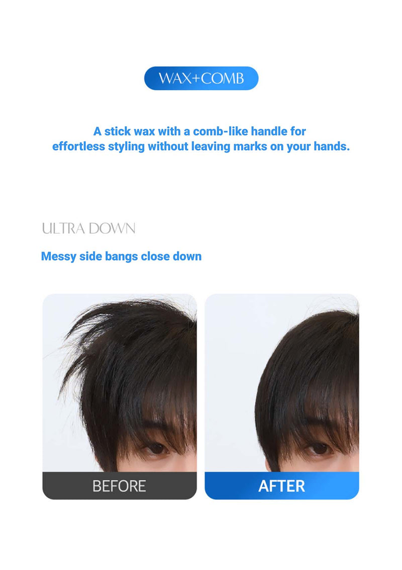Before and after comparison of hair styling with wax and comb, showing messy side bangs.