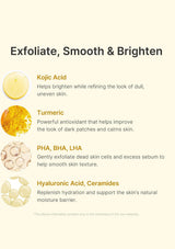 An informational graphic on a warm cream background with the headline 'Exfoliate, Smooth & Brighten' and four ingredient callouts: Kojic Acid, Turmeric, PHA, BHA, LHA, and Hyaluronic Acid, Ceramides, each with a small circular ingredient photo and brief text.