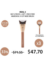 Makeup brush with promotional text and pricing on a white background