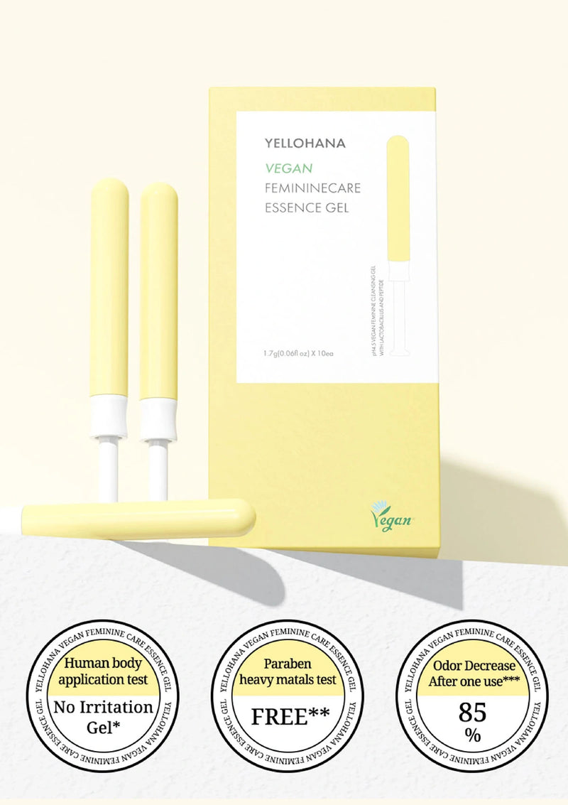 Yellohana feminine care essence gel with packaging and certification logos on a white background