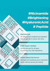 Product packaging with text highlighting ingredients like nicinamide, hyaluronic acid, and peptide on a blue background.