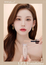 Woman holding a makeup product with a beige background