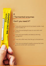Yellow package of Poopoo Enzyme with text on a brown background