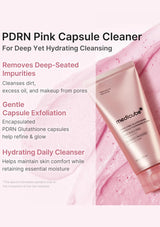 Medicube PDRN Pink Capsule Cleaner skincare tube in a metallic pink packaging, shown on a pink textured background with product benefits listed on the left.
