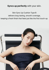 Woman sitting in a chair with text about Skin Sync Up Cushion Type B on a white background