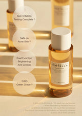 Skincare bottle with text highlighting features on a wooden surface