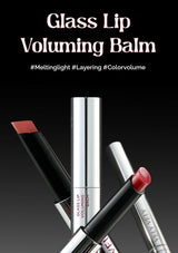 Glass lip voluming balm with a black background and text.