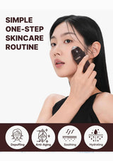 Woman using a skincare device with text on a white background