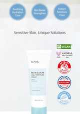 IUNIK Beta-Glucan Daily Moisture Cream packaging with product features and certifications on a white background.