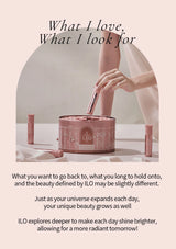 Person opening a pink cylindrical box with a mirror, text about beauty and personal growth.