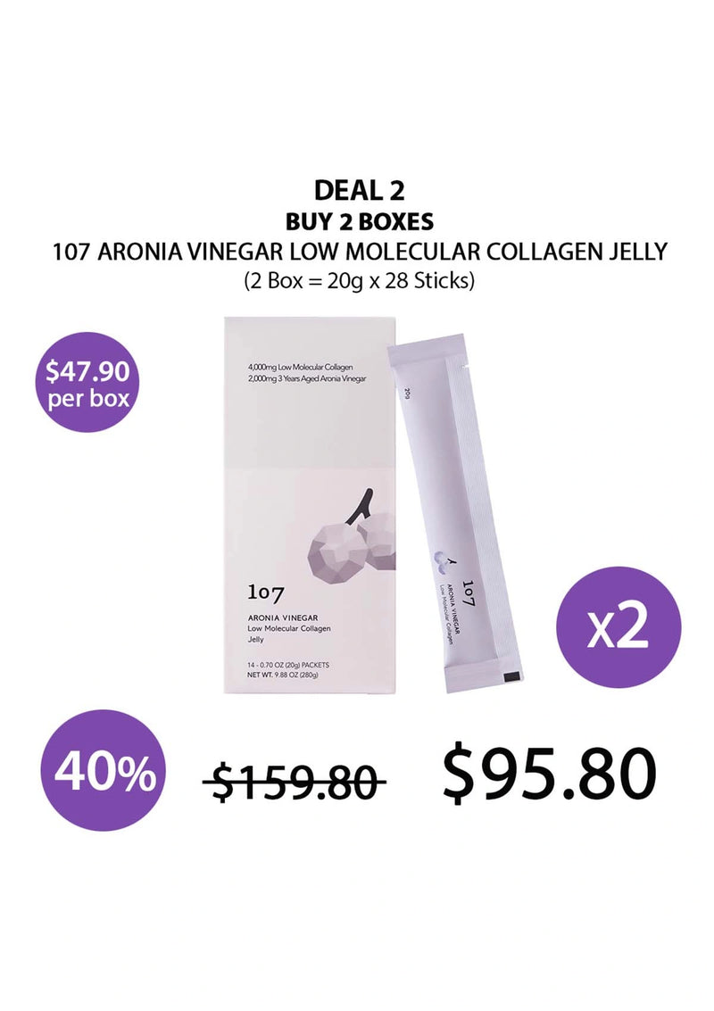Promotional offer for 107 Aronia Vinegar Low Molecular Collagen Jelly with packaging and pricing details.