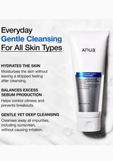 Tube of Anua cleanser with product benefits text on a white background