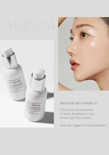 Medcube Red Serum 2.0 bottles with a close-up of a person's face on a light gray background.