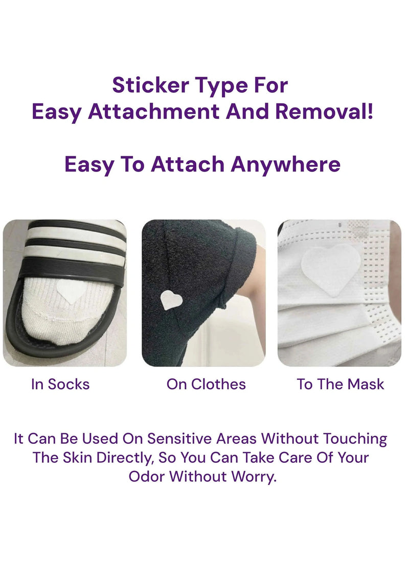 Product advertisement for a sticker type for easy attachment and removal on socks, clothes, and masks.