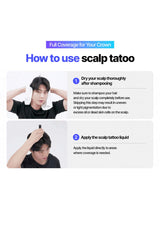 Instructions on how to use a scalp tattoo with a person demonstrating the process.