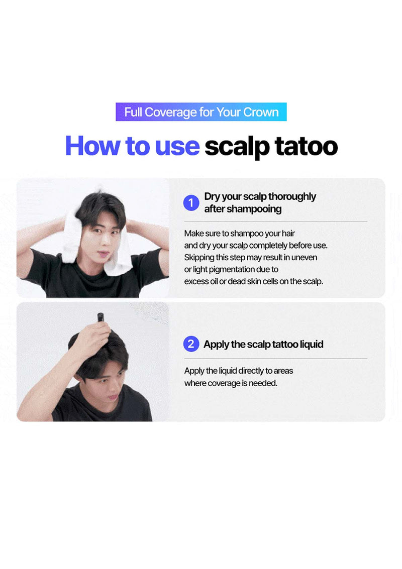 Instructions on how to use a scalp tattoo with a person demonstrating the process.