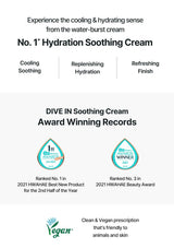 Advertisement for No. 1' Hydration Soothing Cream with awards and product features on a white background.