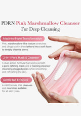 An informational product graphic for PDRN Pink Marshmallow Cleanser. The text describes the cleanser's deep cleansing benefits, mask-to-foam transformation, pore mask and cleanser function, and gentle yet effective formula.