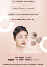 Woman with text about skin aging and a product recommendation on a pink background