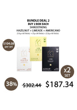 Product packaging for SHIKOOTAENG Diet Coffee in three flavors: Americano, Hazelnut, and Green Edition Limeade.