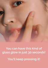 Close-up of a person applying a product to their face with text about achieving a 'glass glow' in 30 seconds.