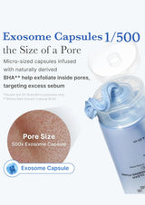Exosome Capsules packaging with text about micro-sized capsules and pore size.