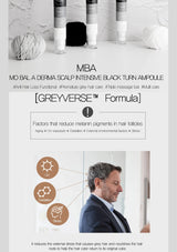 Advertisement for Greyverse Formula with product packaging and a man looking at himself in the mirror.