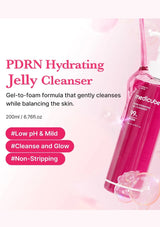 PDRN Hydrating Jelly Cleanser bottle with product details on a pink background