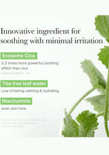 Advertisement for Exosome Cica, Tea tree leaf water, and Niacinamide with a plant image on a white background.