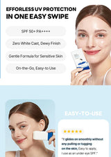 Product advertisement for a sunscreen with text and images of a woman applying it.