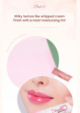 Lip tint packaging with pink applicator and text about milky texture and moisturizing tint.