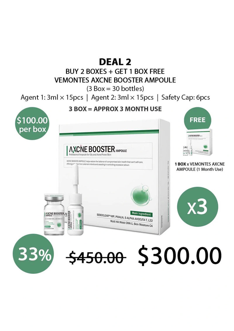 Vemonts Axcne Booster Ampoule packaging with promotional deal on a white background