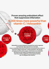 Advertisement highlighting the antioxidant effects of vitamin-C, astaxanthin, and EGCg with scientific text and graphics.