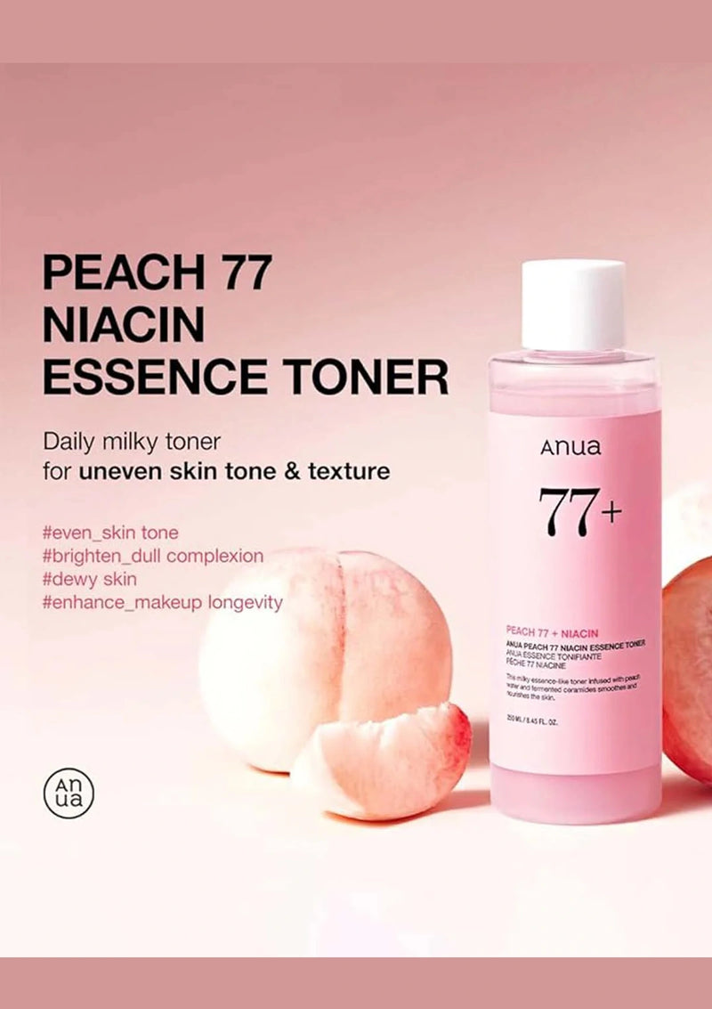 Anua Peach 77 Niacin Essence Toner bottle with peach slices on a pink background