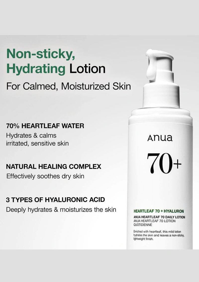 Anua 70+ non-sticky hydrating lotion bottle with product details on a white background