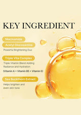 List of key ingredients with a close-up of oil droplets on a beige background