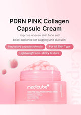 Pink collagen capsule cream with text on a pink background