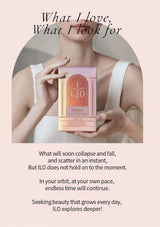 Person holding a pink box with 'ILO' branding against a light pink background