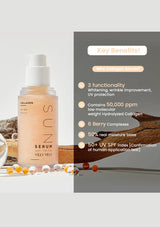 SUN Serum bottle with key benefits text on a light gray background