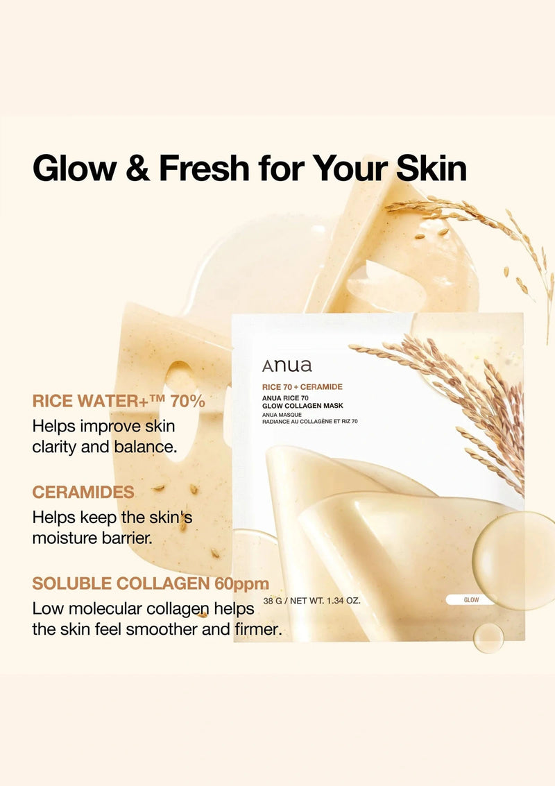 [ANUA] Rice 70 Glow Collagen Mask (1 Box = 38g x 4 Sheets)